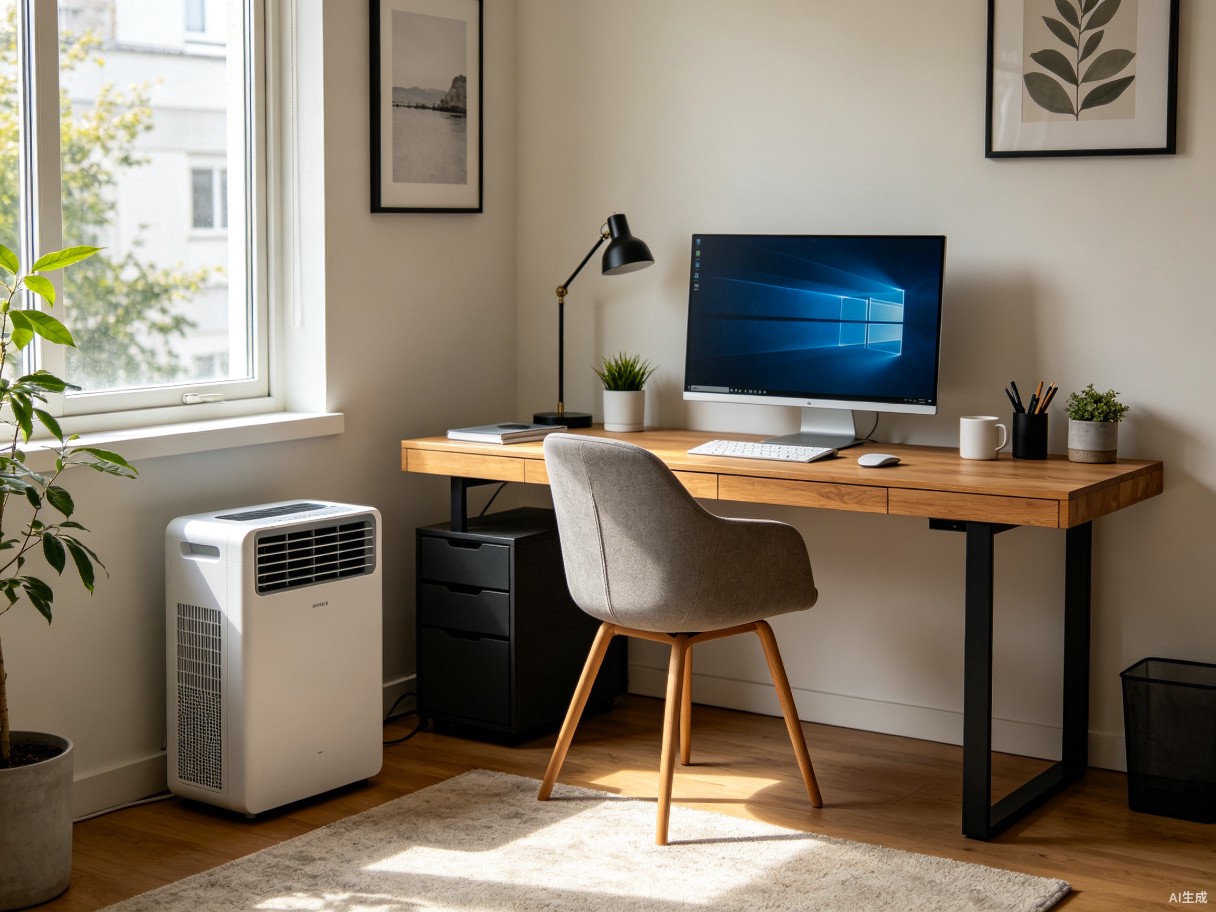 A peaceful home office setting with a portable air conditioner