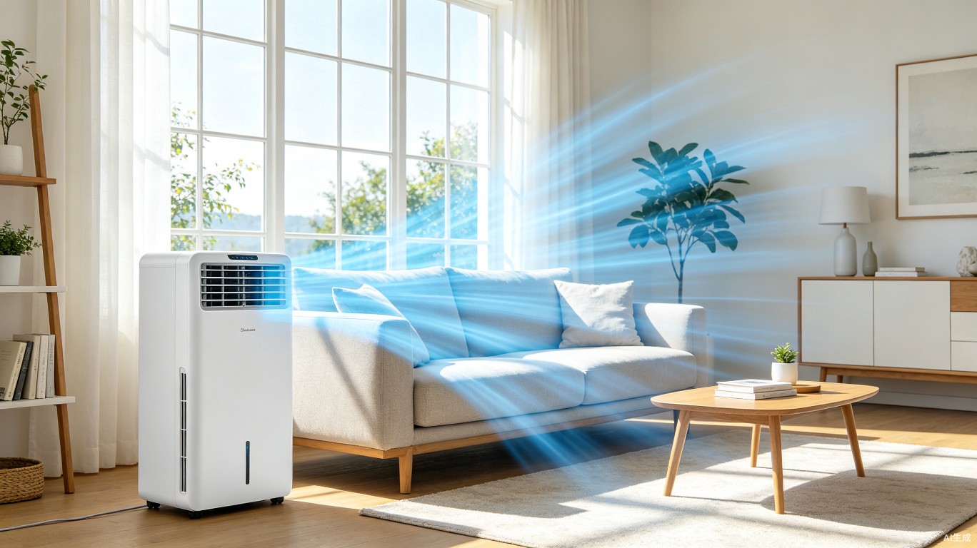 Breeza portable air conditioner placed in a bright modern living room