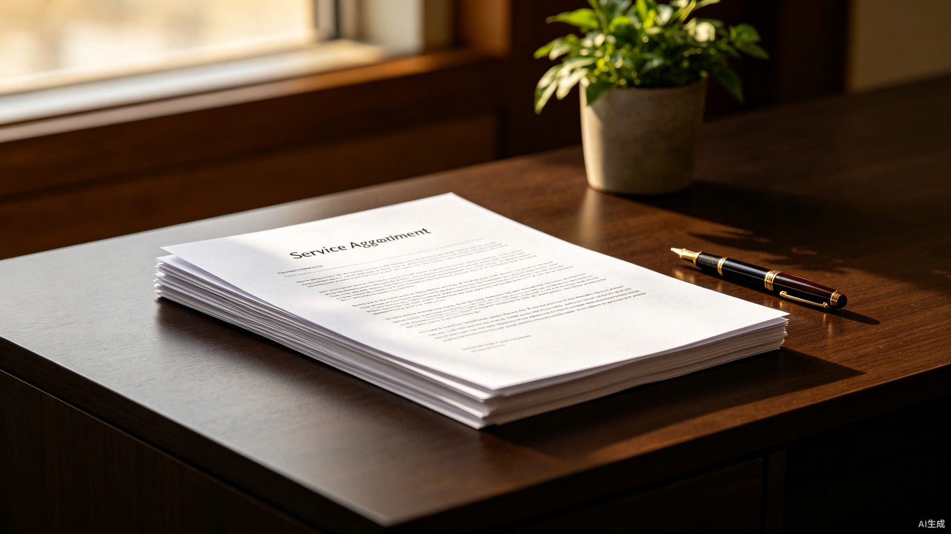 A neat stack of service agreement documents on a wooden desk
